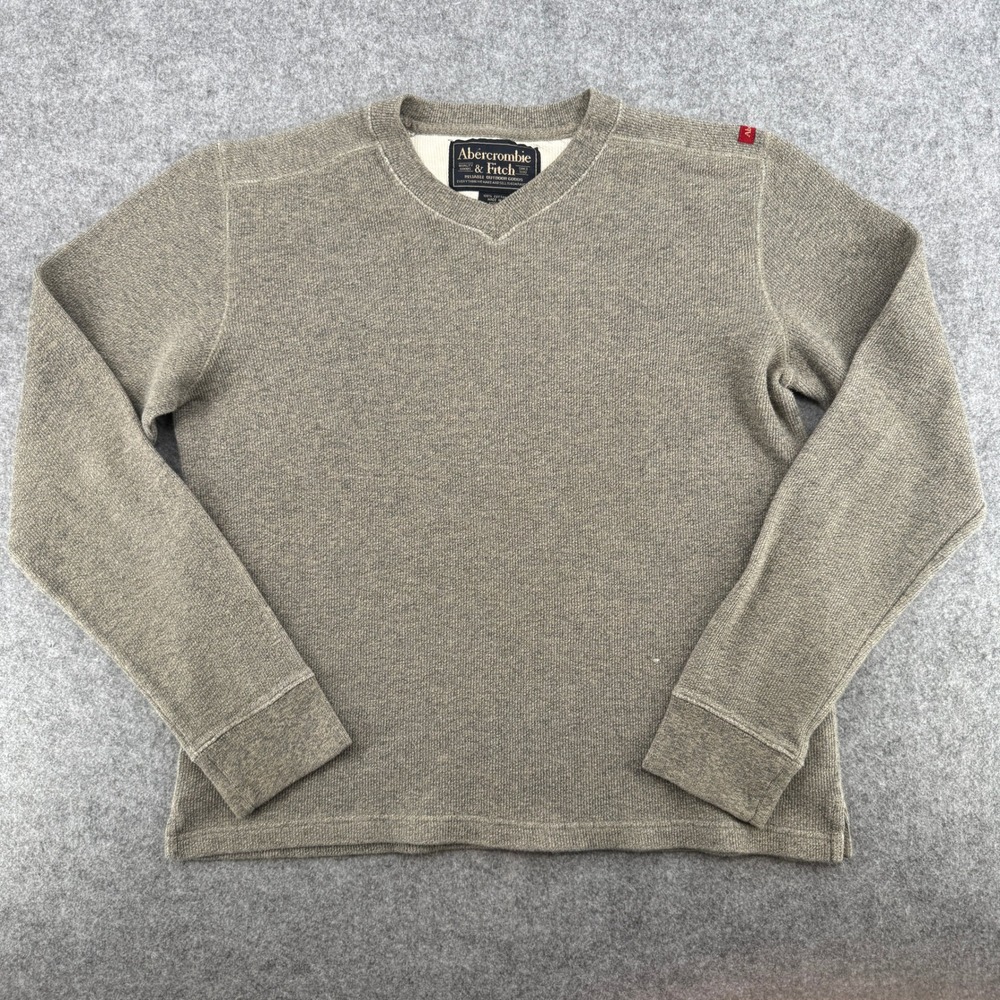 VTG Y2K Abercrombie & Fitch Sweater Mens M V-Neck Waffle Knit Grey Cotton EUC